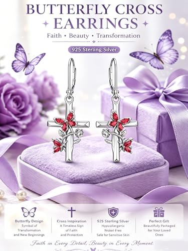 Butterfly Earrings for Women 925 Sterling Silver Birthstone Butterfly Cross Rose Dangle Earrings Elegant Butterfly's Jewelry Gift for Birthday Valentines Day Christmas - color: 7-July