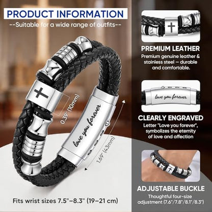 Men's Leather Cross Bracelet - Silver Double Row Braided Leather Cross Bracelet for Men with Inspirational Bible Verse Card, Faith Christian Religious Gift for Husband Son on Baptism Easter Birthday - color: Love you forever