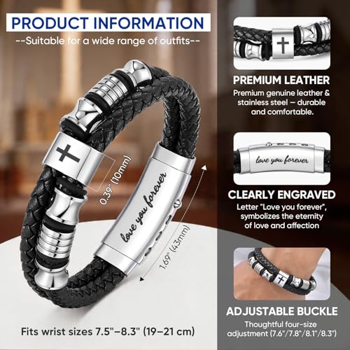 Men's Leather Cross Bracelet - Silver Double Row Braided Leather Cross Bracelet for Men with Inspirational Bible Verse Card, Faith Christian Religious Gift for Husband Son on Baptism Easter Birthday - color: MATTHEW 19:26
