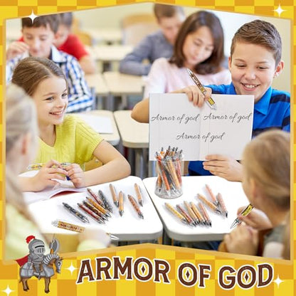 Dispowreath 48 Pcs Armor of God Party Favors Medieval Knight Pens Bulk Religious Christian Bible Verse Ink Ballpoint Pens Retractable Smooth Writing Supplies for Classroom Office Sunday School Church - style: God