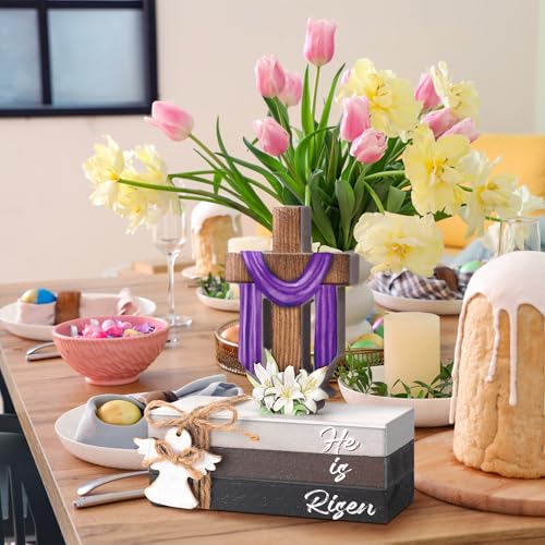 Bememo 5 Pcs Easter Decorations He is Risen Cross Wooden Sign Easter Tiered Tray Decor Christian Religious Decorative Faux Book Stack Block for Spring Home Table Fireplace Mantel Floating Shelf