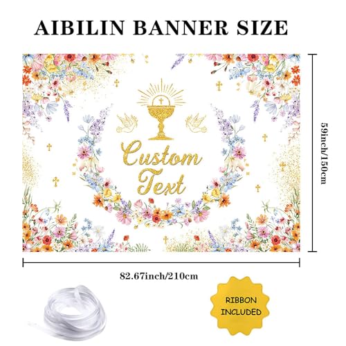AIBIIN 7x5ft Wildflower First Holy Communion Custom Backdrop Mi Primera Comunión Personalized Party Banner Elegant Floral Baptism Background Gold Chalice Cross Party Decoration - color: Wlidflower Custom, size: 7x5ft
