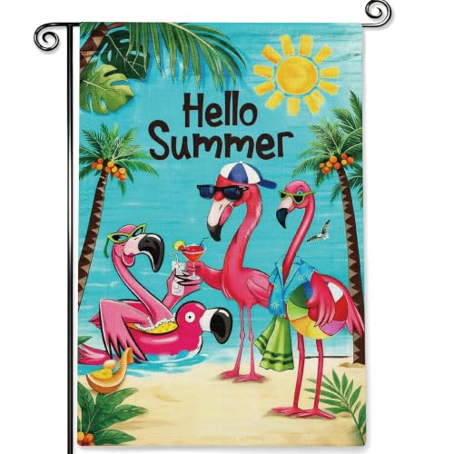 Hello Sunshine Flamingo Garden Flag Double Sided Burlap 12x18in - color: Blue Sunshine