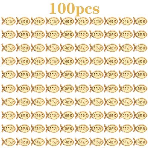 100pcs Jesus Fish Spacer Beads Religious Charm Beads Tibetan Alloy Christian Fish Shape Loose Beads for DIY Bracelet Necklace Jewelry Making Supplies - color: KC Golden