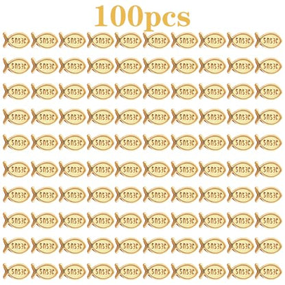 100pcs Jesus Fish Spacer Beads Religious Charm Beads Tibetan Alloy Christian Fish Shape Loose Beads for DIY Bracelet Necklace Jewelry Making Supplies - color: KC Golden