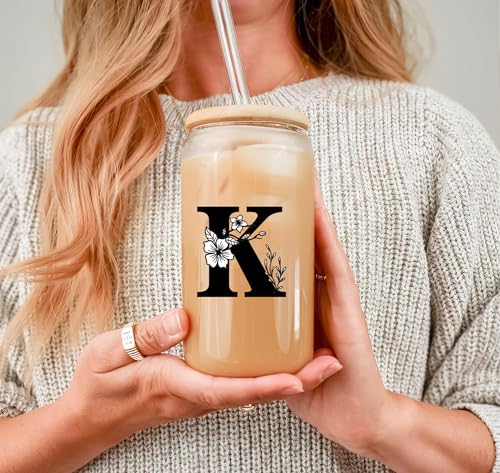 Monogrammed Initial Glass Cup Personalized Gifts for Women 16oz Initial Letter Glass Cups w/Lids Straws Birthday Valentine Mothers Day Gift for Her, K - color: Letter Cup-K