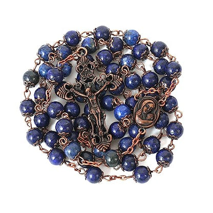 Nazareth Store Natural Stone Beads 8mm Rosary Necklace Antique Copper Design Holy Soil Medal & Cross in Velvet Bag - Catholic Rosaries Terra Santa Jerusalem Collection - color: Lapis Lazuli