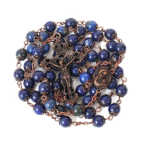 Nazareth Store Natural Stone Beads 8mm Rosary Necklace Antique Copper Design Holy Soil Medal & Cross in Velvet Bag - Catholic Rosaries Terra Santa Jerusalem Collection - color: Lapis Lazuli