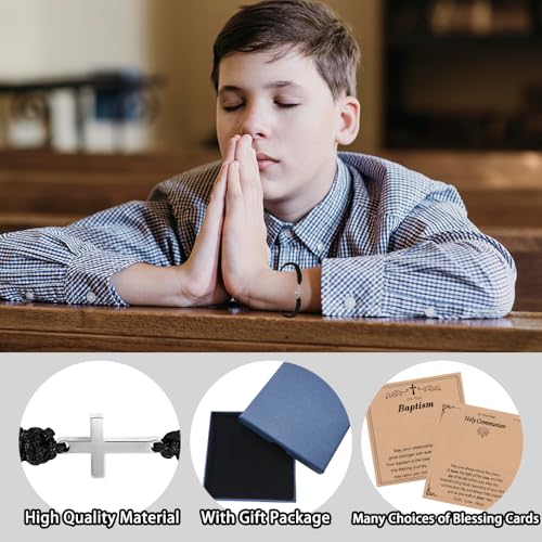 Baptism Gifts for Boys,Braided Rope Cross Bracelet Gift for Kids,First Holy Communion Gifts for Boys Christian Christening Graduation - color: Silver cross black rope-baptism