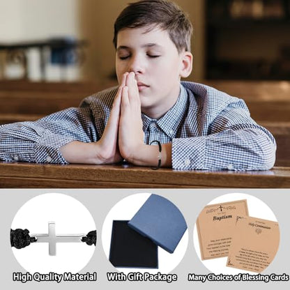Baptism Gifts for Boys,Braided Rope Cross Bracelet Gift for Kids,First Holy Communion Gifts for Boys Christian Christening Graduation - color: Silver cross black rope-baptism