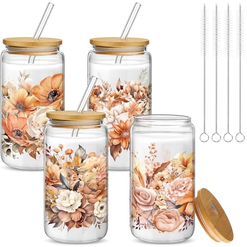 Mumufy 4 Pack Fall Flower Glass Cup, 16 oz Tumbler Mug with Bamboo Lid - style: Fall Flower