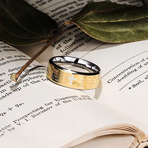 King Will Stainless Steel Men Ring Lord's Prayer Cross Ring Stainless Steel Men Wedding Ring, Wedding Band Bible Engraved Rings High Polished, Comfort Fit - color: gold polish