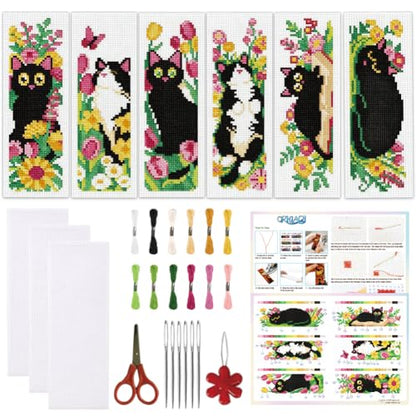 ORIGACH 6 Set Cat and Flower Cross Stitch Bookmark Kit for Beginner - style: Cat and Flower