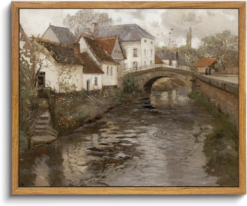 KBKBART Vintage Wall Art, Retro European Village Country Framed Canvas Art Prints Painting Farmhouse Decor, Rustic Impressionism Scenic Landscape Wall Decor for Bathroom, Bedroom Living Room, Vintage - color: European Village, size: 10"L x 8"W