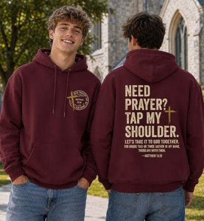 Christian Hoodies for Men Religious Faith Need Prayer Tap My Shoulder Shirt - color: Claret, size: 3X-Large
