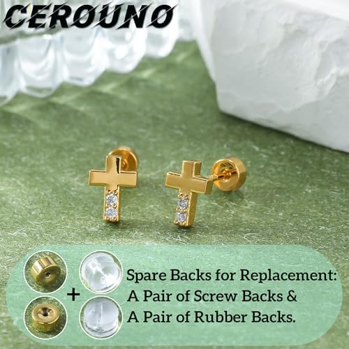 CEROUNO Flat Back Stud Earrings - 925 Sterling Silver Post Flatback Earrings Gold Silver Cubic Zirconia Earrings Studs for Women - color: Gold Cross