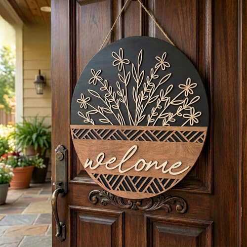 3D Round Wooden Welcome Sign Rustic Front Door Floral Porch Outdoor x2 - color: 2 Brown