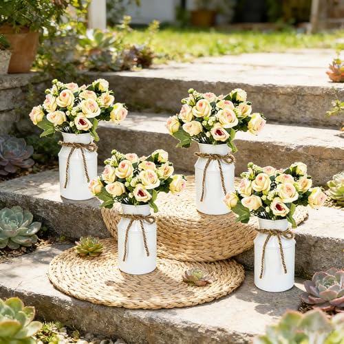 Artificial Rose Centerpiece with Metal Vase, 6 sets, White & Champagne - color: 6 White Vases & 12 Champaign Roses