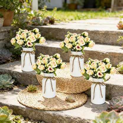 Artificial Rose Centerpiece with Metal Vase, 6 sets, White & Champagne - color: 6 White Vases & 12 Champaign Roses