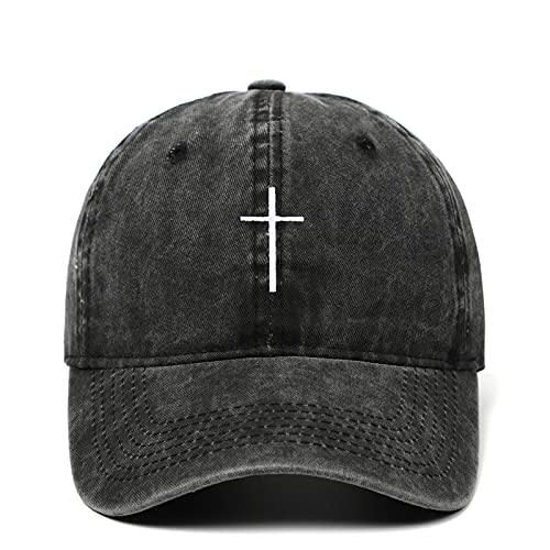 Cross Embroidery Baseball Cap,Adjustable Structured Dad Hat for Men Women Sun Hat - color: Black Washed