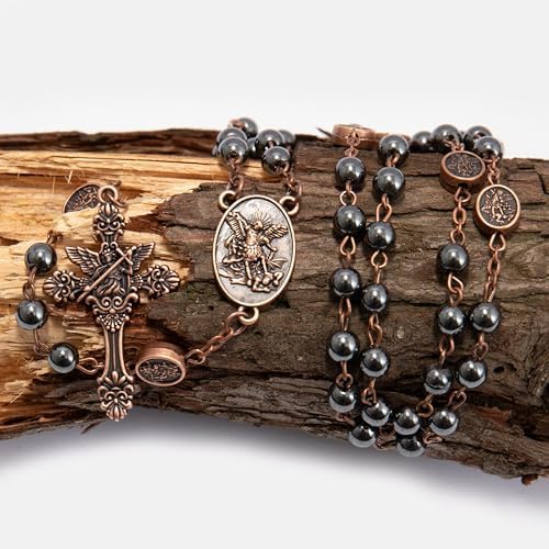 Nazareth Store St Michael Rosary Hematite Stone Beads Necklace Metal Beaded Glory Beads Archangel Medal & Cross with Metal Gift Box - color: Copper | St.Michael Cross