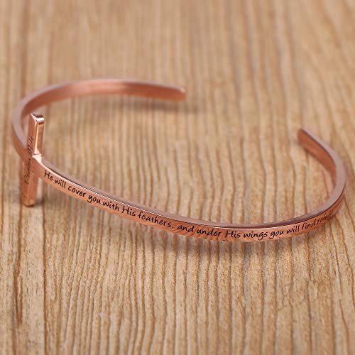 Memgift 𝐂𝐫𝐨𝐬𝐬 𝐁𝐫𝐚𝐜𝐞𝐥𝐞𝐭 Religious Cuff Bangle 𝐁𝐢𝐛𝐥𝐞 𝐕𝐞𝐫𝐬𝐞 Christian Gifts Jewelry for 𝐖𝐨𝐦𝐞𝐧 - style: He will cover you with his feathers,and under his wings you will find refuge -Psalm 91:4