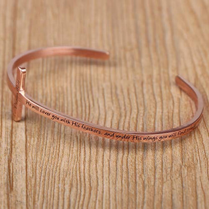 Memgift 𝐂𝐫𝐨𝐬𝐬 𝐁𝐫𝐚𝐜𝐞𝐥𝐞𝐭 Religious Cuff Bangle 𝐁𝐢𝐛𝐥𝐞 𝐕𝐞𝐫𝐬𝐞 Christian Gifts Jewelry for 𝐖𝐨𝐦𝐞𝐧 - style: He will cover you with his feathers,and under his wings you will find refuge -Psalm 91:4