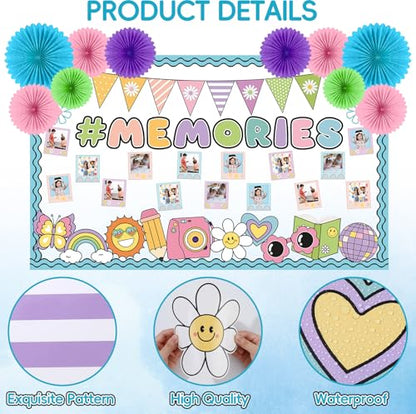 Pastel Groovy End of Year Bulletin Board Set 2026 Graduation Picture Frame Memories Classroom Decoration Paper Fans 3D DIY Hanging Cutouts for First Day of School Classroom Chalkboard Wall Decor - style: Pastel Memories