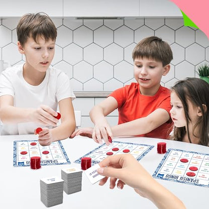 SpriteGru Spanish Bingo Game, 25 Bingo Board Spanish & English Vocabulary Word Game Bilingual Educational Toys for Language Learning - Ages 5 and up (Up to 25 Players) - style: 25 Pcs Spanish Bingo Game