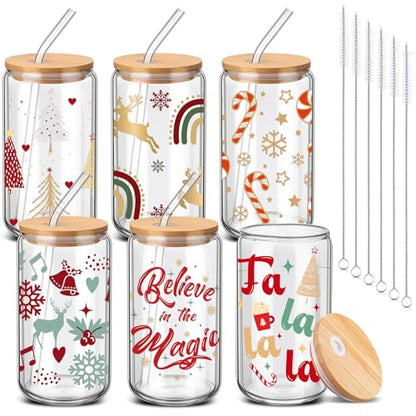 SiliFine 6 Pcs Christmas Glass Cups, 16 oz with Lids and Straws - style: Christmas