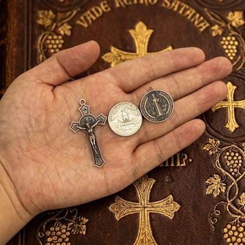 20 Pcs Catholic Rosary Making Kit, 10 St. Benedict Medals & 10 Crucifix Cross Pendants, Antique Bronze Metal Charms Connectors for DIY Pocket Rosaries, Necklaces and Jewelry Crafts (Dark Bronze) - color: Dark Bronze