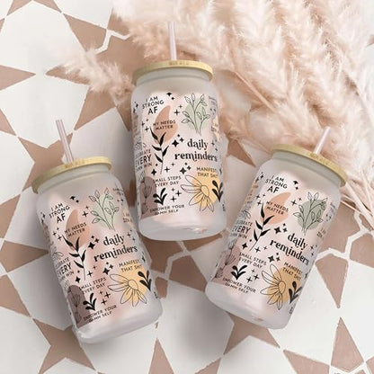 Daily Affirmation Iced Coffee Cup [Frosted], Glass Cups with Bamboo Lids and Straws | 16 oz Mason Jar Drinking Glasses & Boba Cup | Glass Tumbler with Straw and Lid Mental Health [Vulgar Edition] - color: Affirmation (Vulgar)