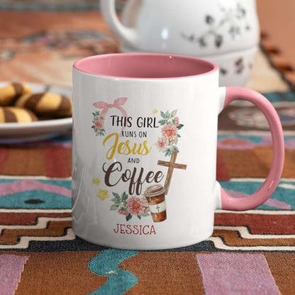 Christian Themed Coffee Cup - This Girl Runs on Jesus and Coffee Mug, Personalized Name Ceramic Cup 11oz 15oz, Custom Religious Gift for Children - color: XUA-324-1558-JESUS AND COFFEE MUG
