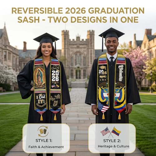 Graduation Stole Class of 2026 Reversible Sash with Gold Glitter Trim and Tassels V-Neck 72 Inch Satin - color: Colombia & America