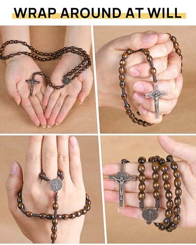 Wooden Rosary Beads, Rosarios Catolicos with Metal Cross for Men & Women - color: Woven Coffee