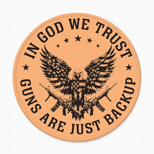 Orange Funny Patriotic Gun Mouse Pad for Desk, Small Round Mouse Pad for Man, Office Decor for Men, Computer Desk Accessories, for Gun Owners 8.7x8.7 Inch - color: In God We Trust