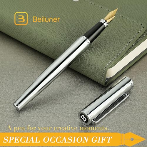 BEILUNER Silver Fountain Pen,Stunning Luxury Pens with Bright Silver Chrome, Gorgeous 24K Gilded Nib(Medium), Fancy Pen Gift for Men&Women -Ink Converter-Elegant, Office,Nice Pen for Writing - color: Silver, style: Medium Nib