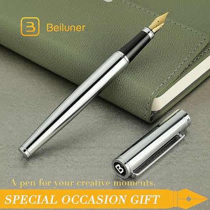 BEILUNER Silver Fountain Pen,Stunning Luxury Pens with Bright Silver Chrome, Gorgeous 24K Gilded Nib(Medium), Fancy Pen Gift for Men&Women -Ink Converter-Elegant, Office,Nice Pen for Writing - color: Silver, style: Medium Nib