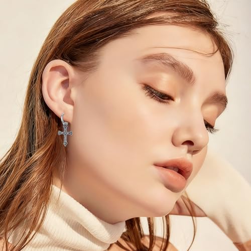 Cross Earrings for Women Men 925 Sterling Silver Cross Dangle Drop Earrings Punk Gothic Jewelry