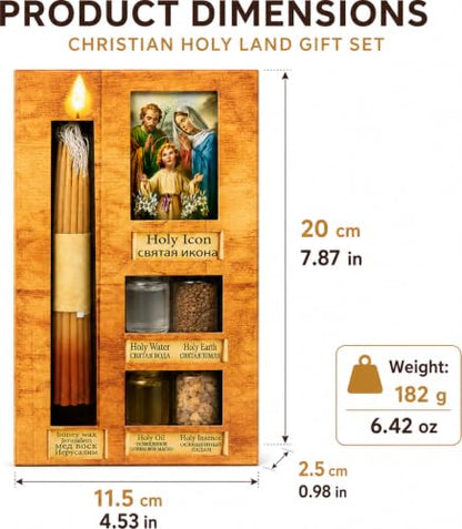 Zuluf Anointing Oil Gift Set Holy Icon Christian Keepsake from Jerusalem Bethlehem with Beeswax Candle, Holy Water, Blessed Earth, Olive Oil, Incense for Baptism, Christening, Godparent Faith Gift