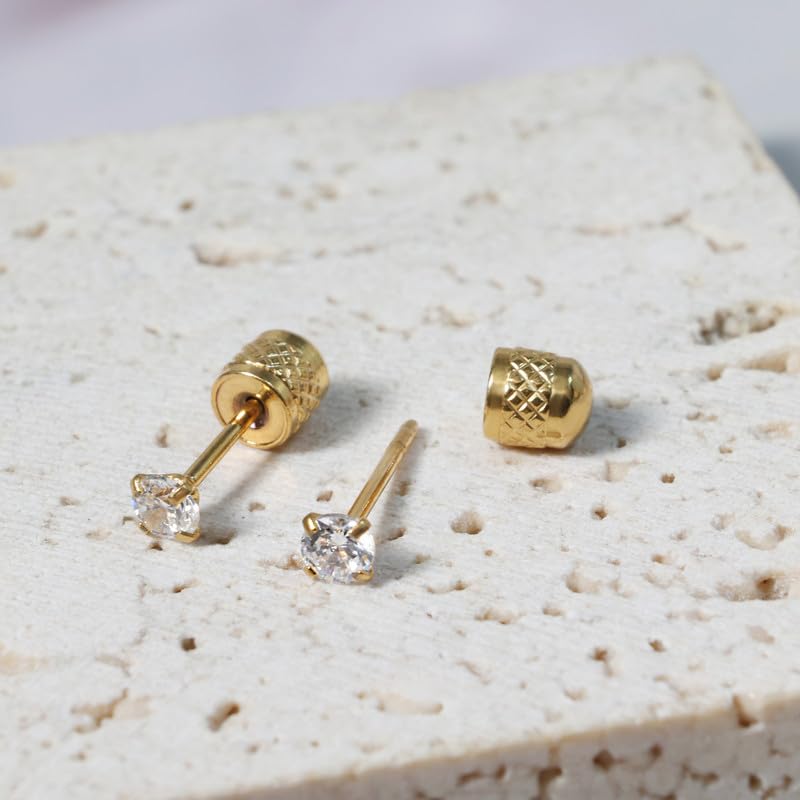 Titanium Earrings Push-in Threadless Flat Back Stud Earrings for Women Men, Cartilage Earring Hypoallergenic Cubic Zirconia Earrings Studs for Helix Tragus Piercing Jewelry - color: Gold-3mm