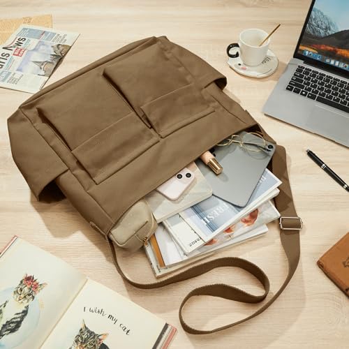 KALIDI Canvas Tote Bag Zipper Large Crossbody Shoulder Bag Messenger Bag - color: Upgraded Brown