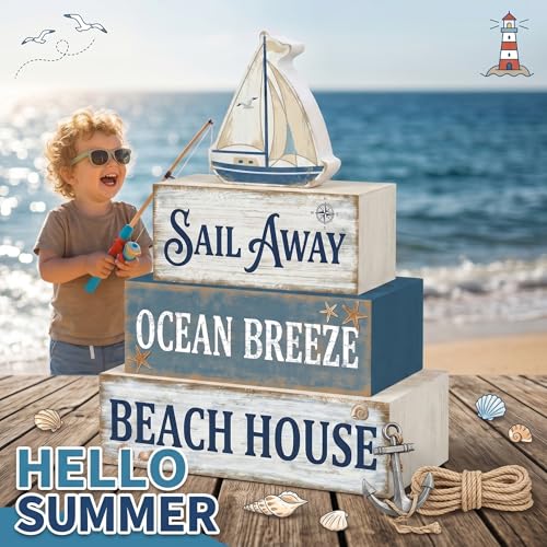 Britimes Tiered Tray Decor Set, 4 Pack, Wooden Table Sign, Nautical Ocean - style: Sailboat