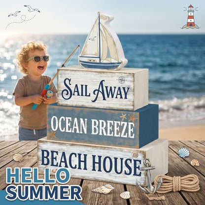 Britimes Tiered Tray Decor Set, 4 Pack, Wooden Table Sign, Nautical Ocean - style: Sailboat