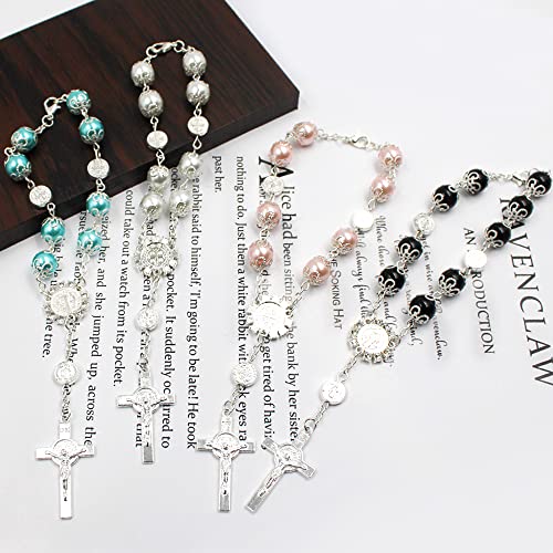 4 Pcs Rosary Beads Catholic, FineGood Cross Car Mirror Hanging Accessories Blessing Auto Rear View Mirror Pendant Car Decor Interior