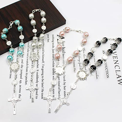4 Pcs Rosary Beads Catholic, FineGood Cross Car Mirror Hanging Accessories Blessing Auto Rear View Mirror Pendant Car Decor Interior