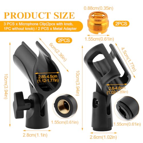 3 PCS Mic Clips for Stands Set, Universal Microphone Clip Holder, Adjustable Mic Holder for Stand with 2 pcs 5/8" Male to 3/8" Female Screw Adapter for Wired Wireless Microphones