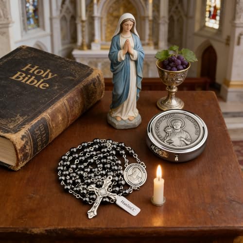 HanlinCC Saint Carlo Acutis Catholic Rosary Necklace with Gift Box - color: Hematite