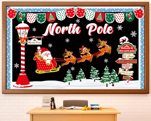 Christmas Bulletin Board Decoration Set North Pole Sign Classroom Decorations Santa Reindeer Xmas Elk Snowflakes Paper Cutouts for Winter Holiday Party School Classroom Home Chalkboard Wall Decor - style: Christmas