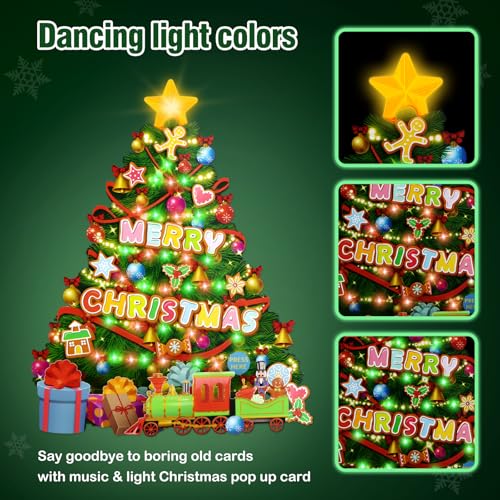 FaCraft Musical Christmas Tree Cards, 10" x 8" Handmade 3D Pop Up Christmas Card, Xmas Decoration, Easy to Stand Up, Lights Blinking Modes, with Envelope, Blank Insert and Seal, for Winter, Holidays - color: 2-Christmas Tree